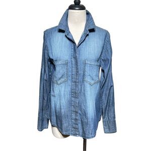 Elan Long Sleeve Chambray Denim Button Up Tunic With Roll Tab Sleeves Small